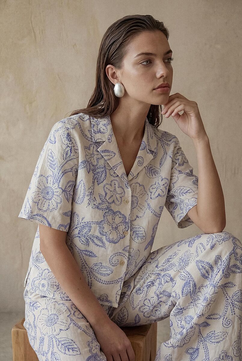 ADRIA - Braletli Keten Dokulu Kadın Kısa Kol Pijama Takım - Neutral - Pierre Cardin (1)