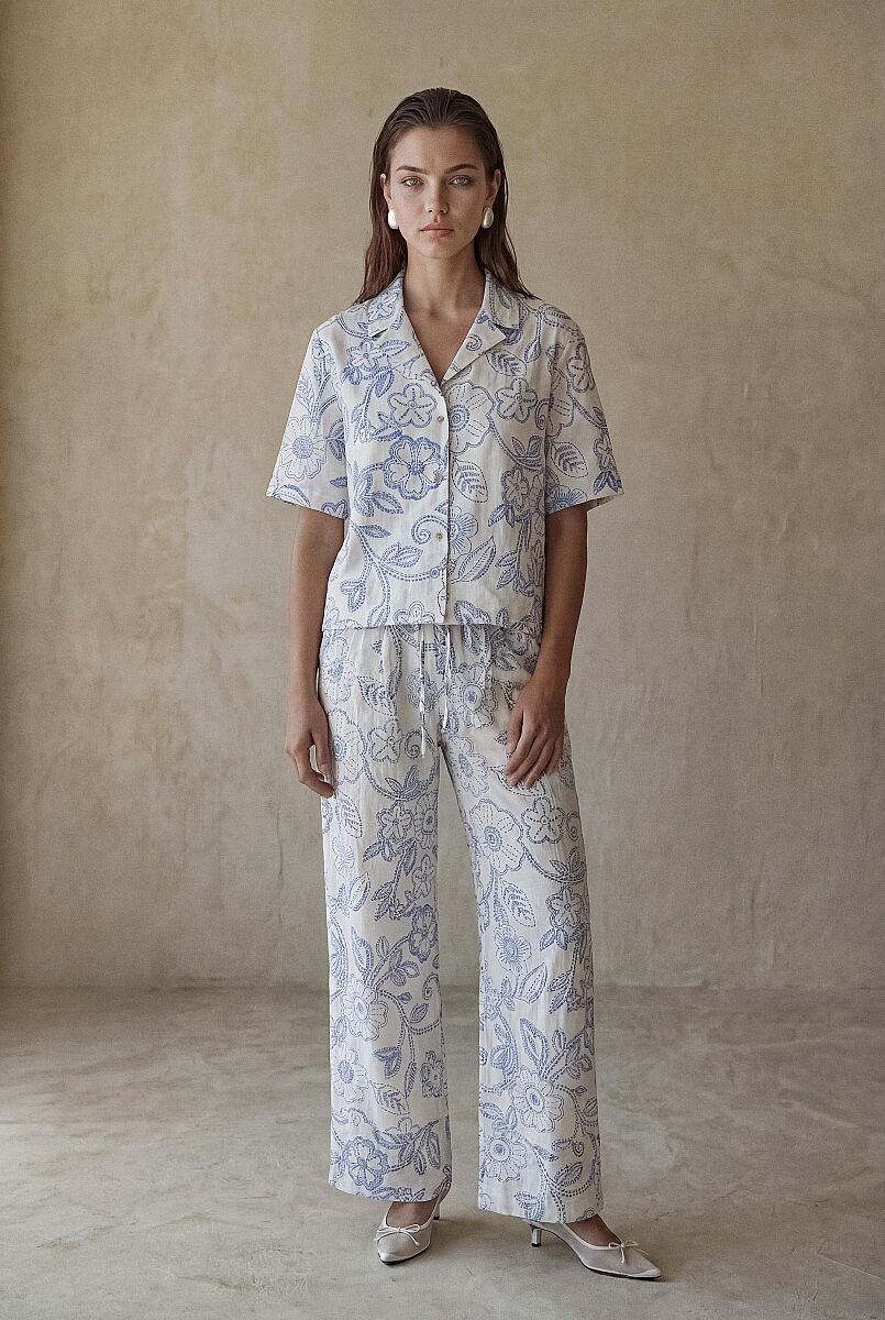 ADRIA - Braletli Keten Dokulu Kadın Kısa Kol Pijama Takım - Neutral - Pierre Cardin (1)