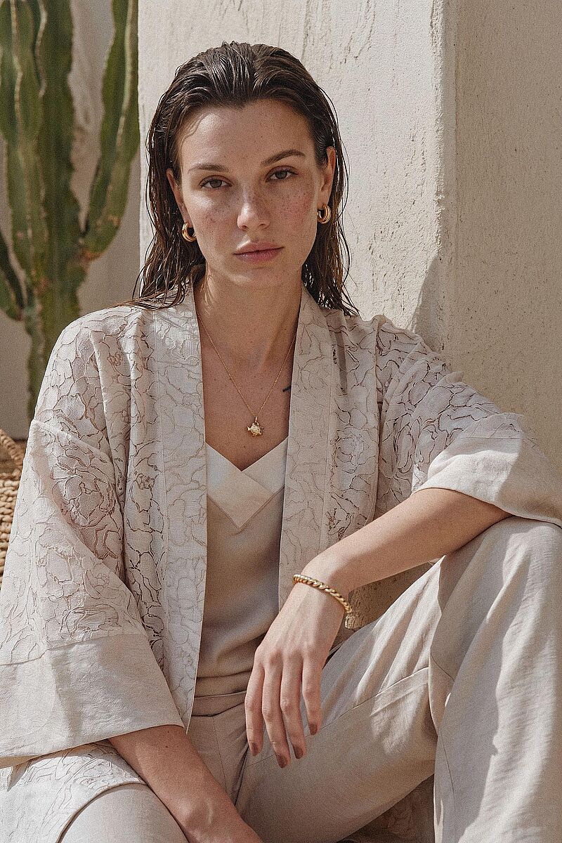 MARTA - Kimonolu Keten Dokulu Kadın Pijama Takımı - Neutral - Pierre Cardin