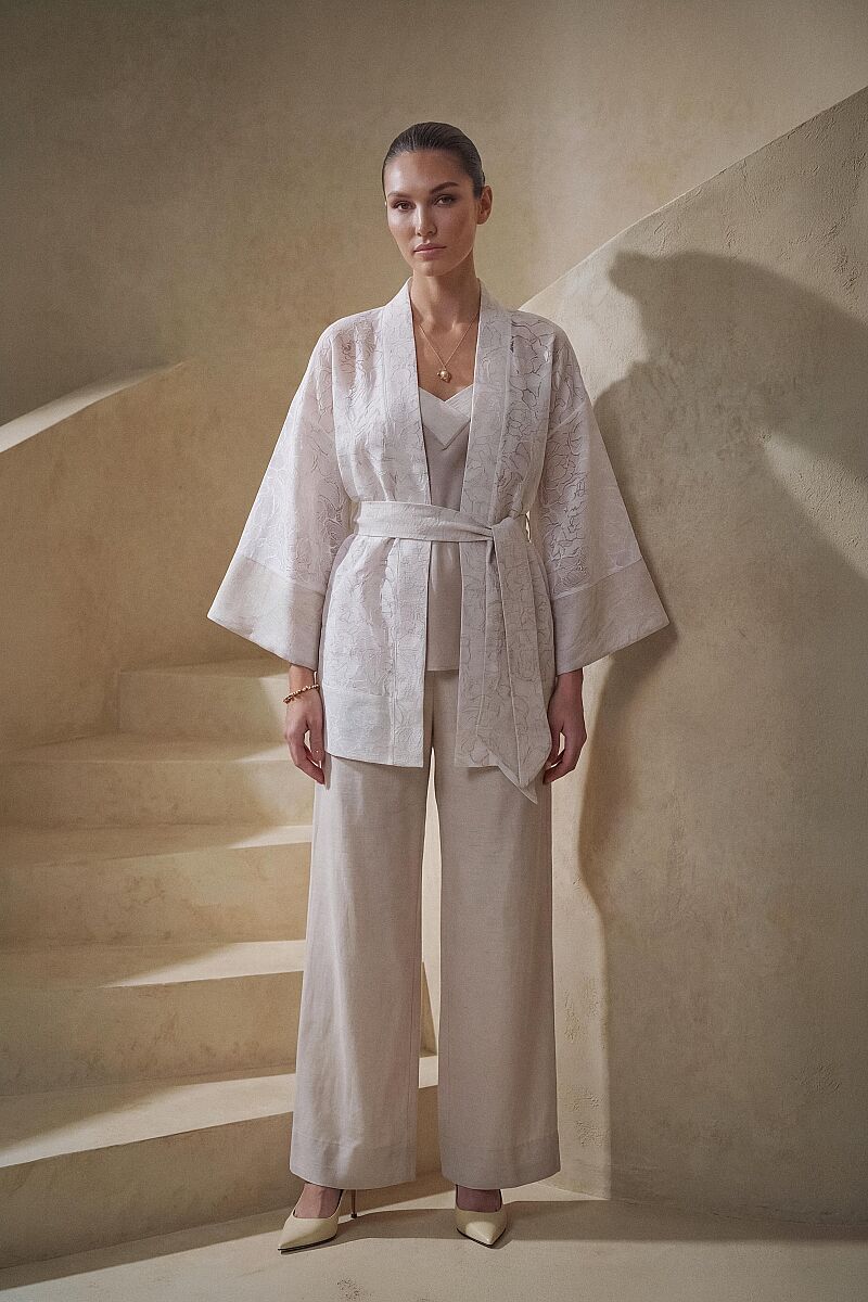 MARTA - Kimonolu Keten Dokulu Kadın Pijama Takımı - Neutral - Pierre Cardin (1)