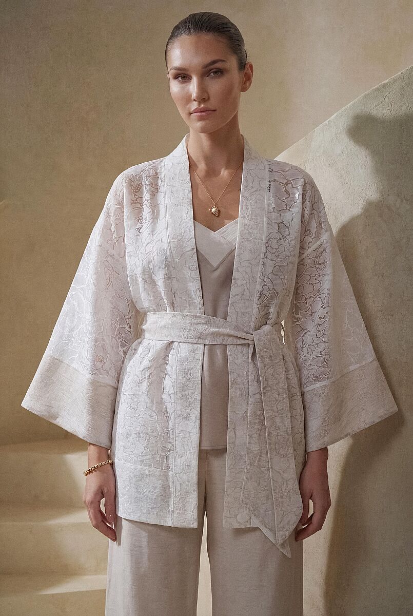 MARTA - Kimonolu Keten Dokulu Kadın Pijama Takımı - Neutral - Pierre Cardin (1)