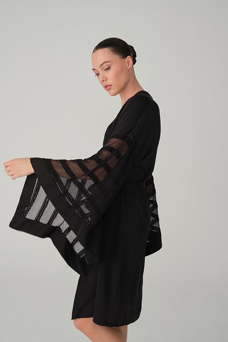 LAURA - Vegan İpek Saten Kadın Gecelik Sabahlık Takımı - Black - Pierre Cardin (1)