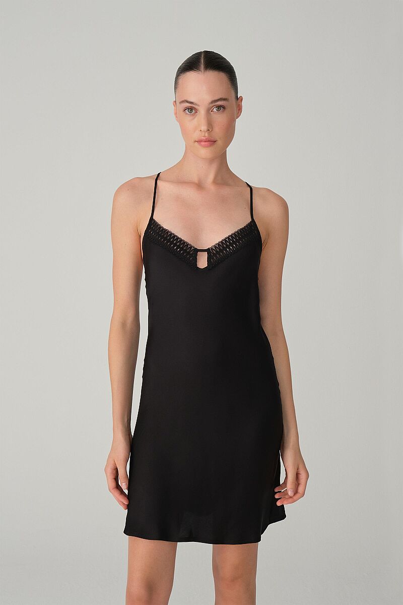 LAURA - Vegan İpek Saten Kadın Gecelik Sabahlık Takımı - Black - Pierre Cardin (1)