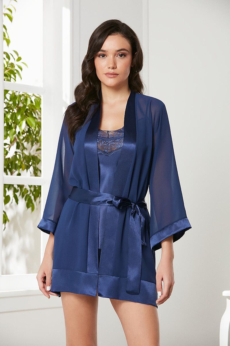 Saten 3'lü Kadın Sabahlık Takım - 2475 Lacivert - Pierre Cardin