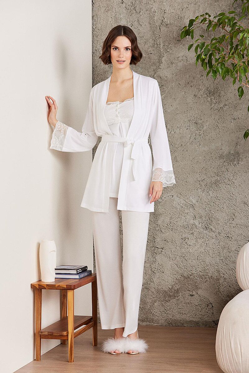 Dantelli Penye 3'lü Lohusa Pijama Takımı - 2805 Ekru - Pierre Cardin
