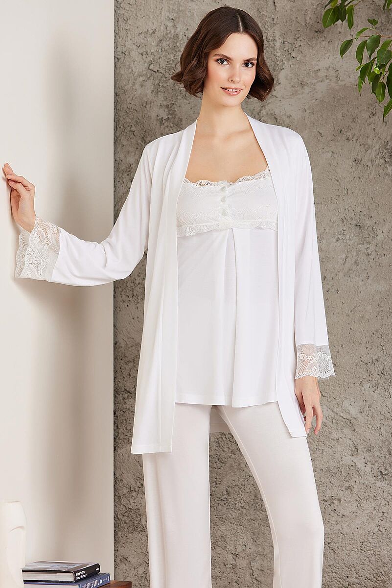 Dantelli Penye 3'lü Lohusa Pijama Takımı - 2805 Ekru - Pierre Cardin (1)