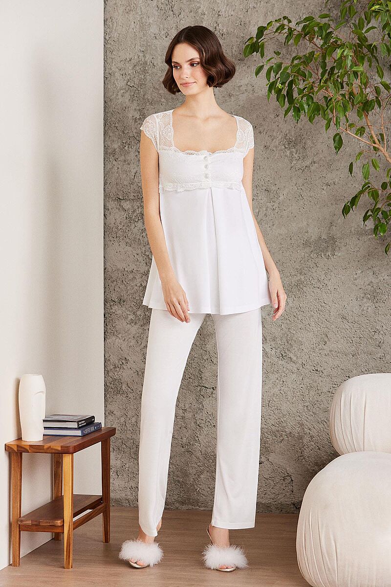 Dantelli Penye 3'lü Lohusa Pijama Takımı - 2805 Ekru - Pierre Cardin (1)
