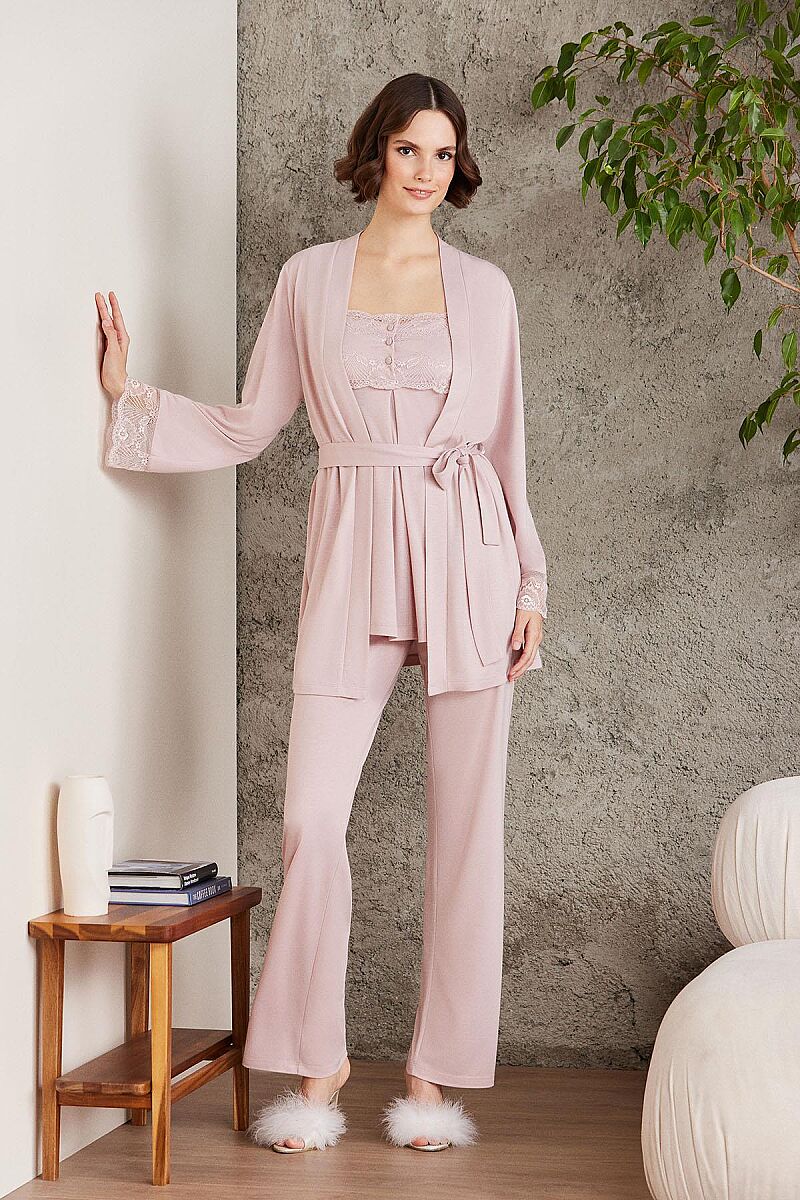 Dantelli Penye 3'lü Lohusa Pijama Takımı - 2805 Pudra - Pierre Cardin