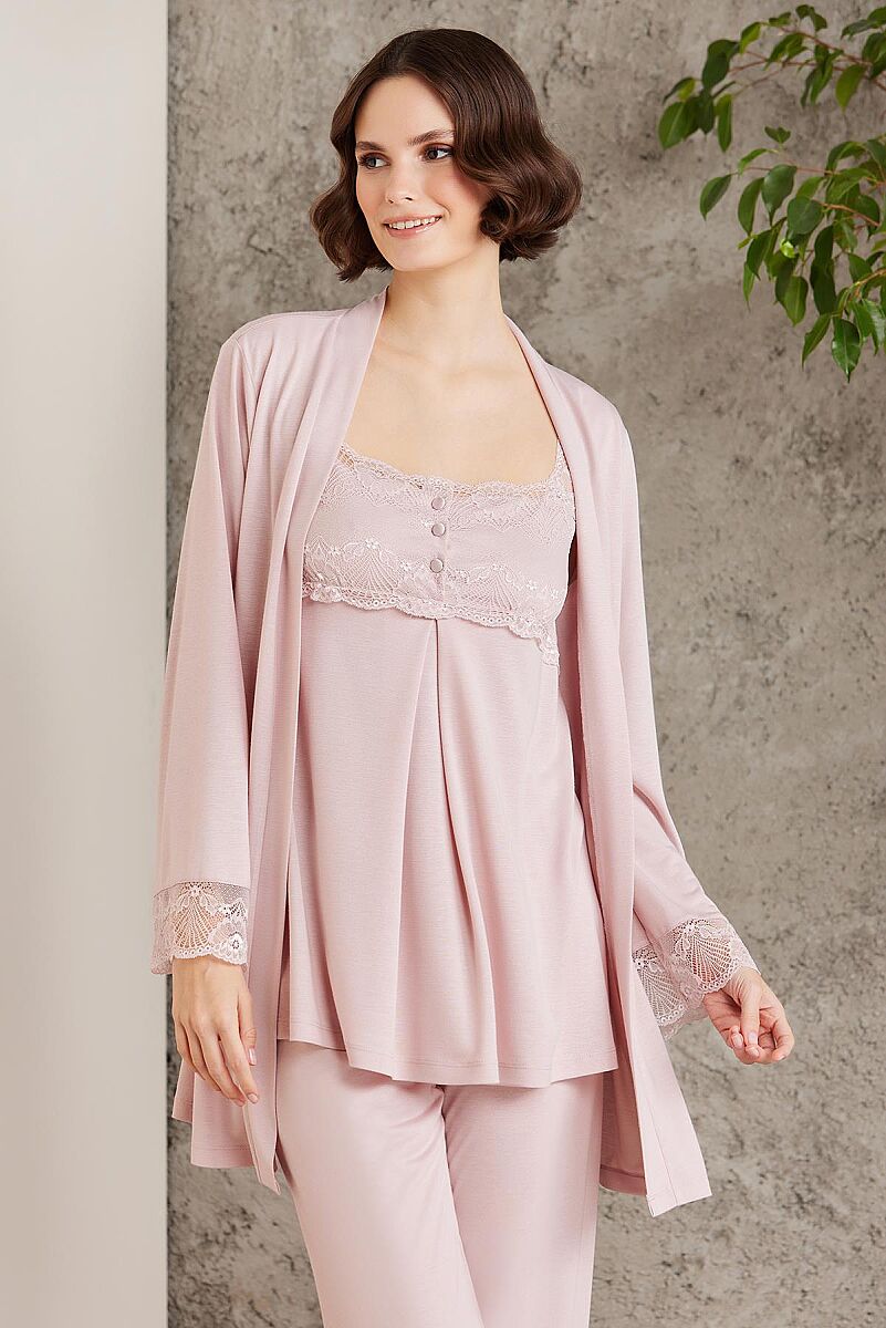 Dantelli Penye 3'lü Lohusa Pijama Takımı - 2805 Pudra - Pierre Cardin (1)