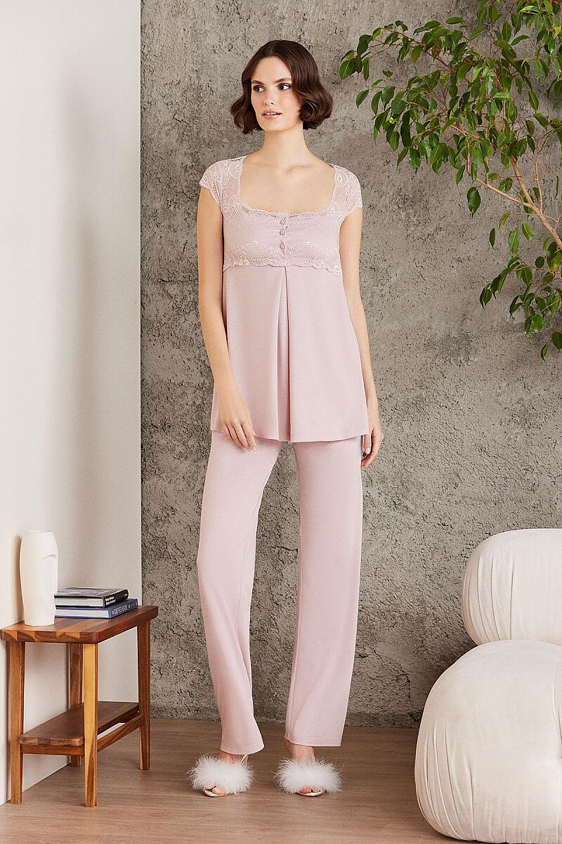 Dantelli Penye 3'lü Lohusa Pijama Takımı - 2805 Pudra - Pierre Cardin (1)