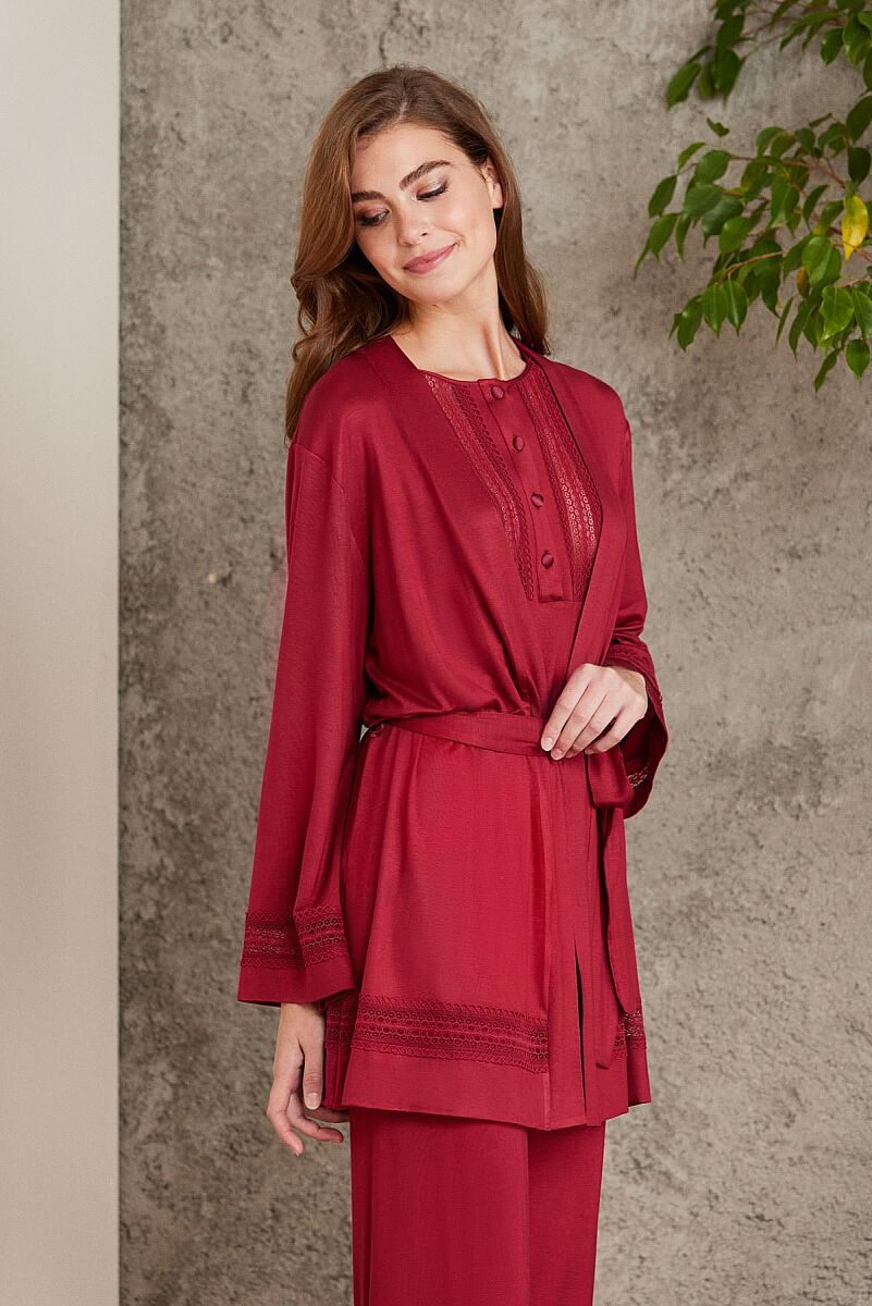 Dantelli Penye 3'lü Lohusa Pijama Takımı - 2800 Bordo - Pierre Cardin