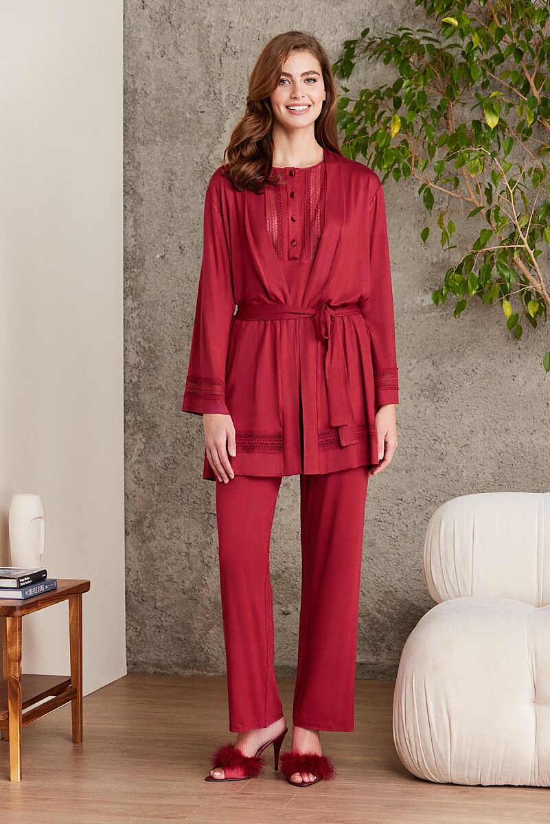 Dantelli Penye 3'lü Lohusa Pijama Takımı - 2800 Bordo - Pierre Cardin (1)