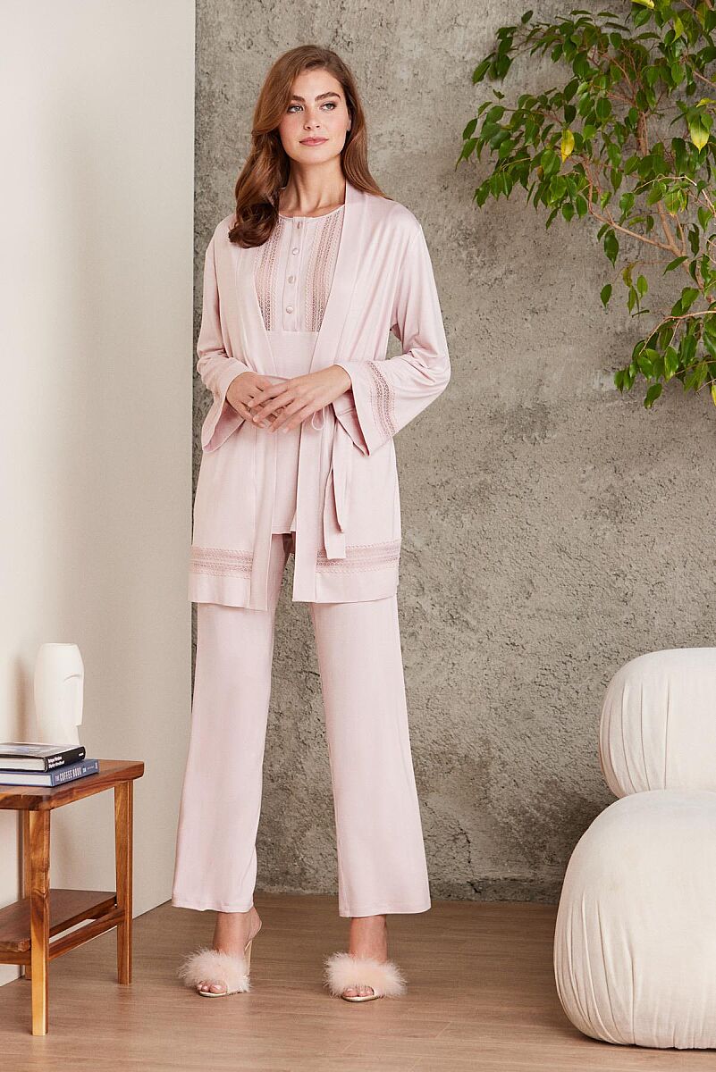 Dantelli Penye 3'lü Lohusa Pijama Takımı - 2800 Pudra - Pierre Cardin