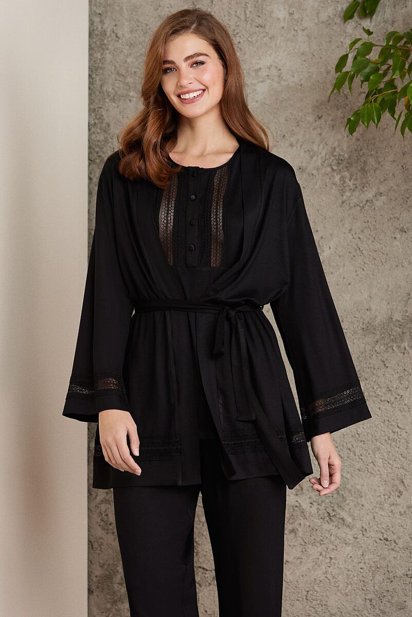 Dantelli Penye 3'lü Lohusa Pijama Takımı - 2800 Siyah - Pierre Cardin