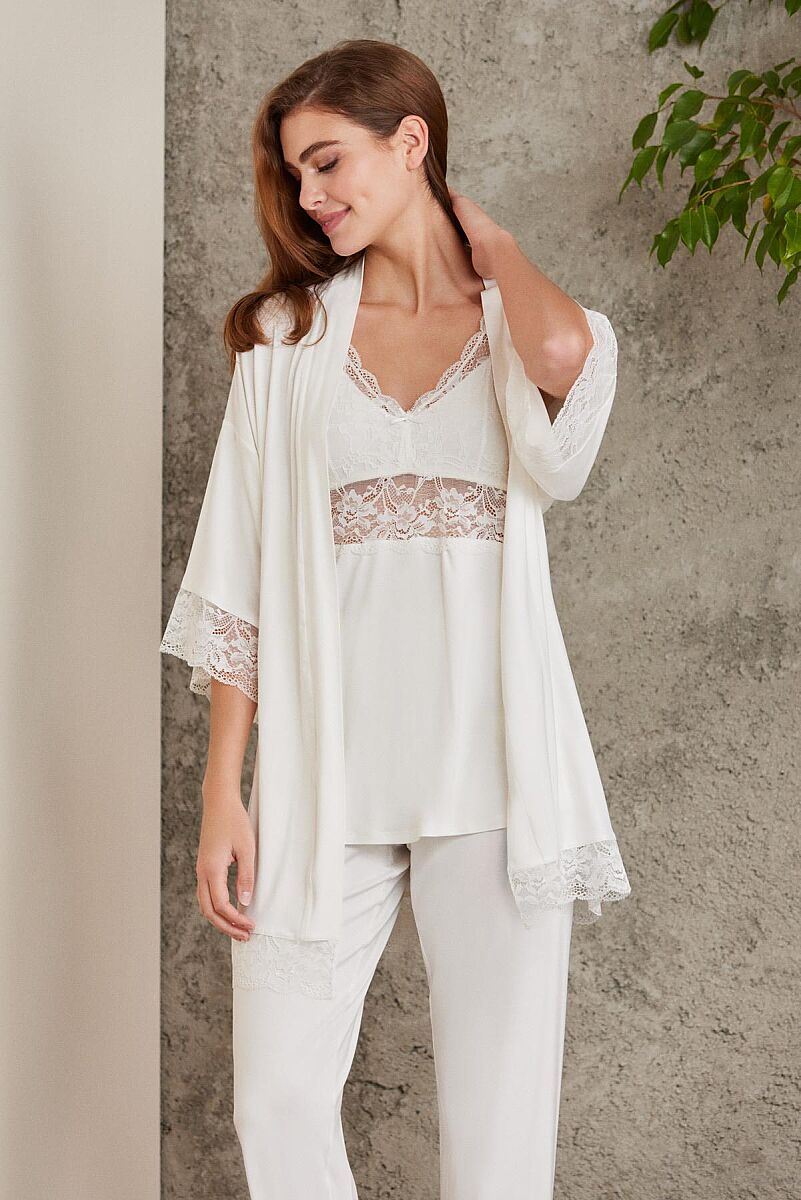Dantelli Penye 3'lü Lohusa Pijama Takımı - 2810 Ekru - Pierre Cardin