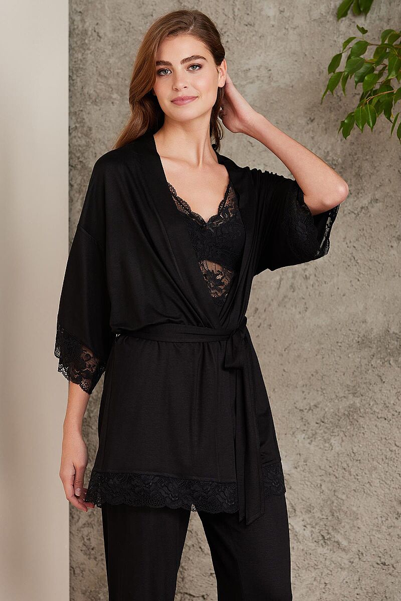 Dantelli Penye 3'lü Lohusa Pijama Takımı - 2810 Siyah - Pierre Cardin