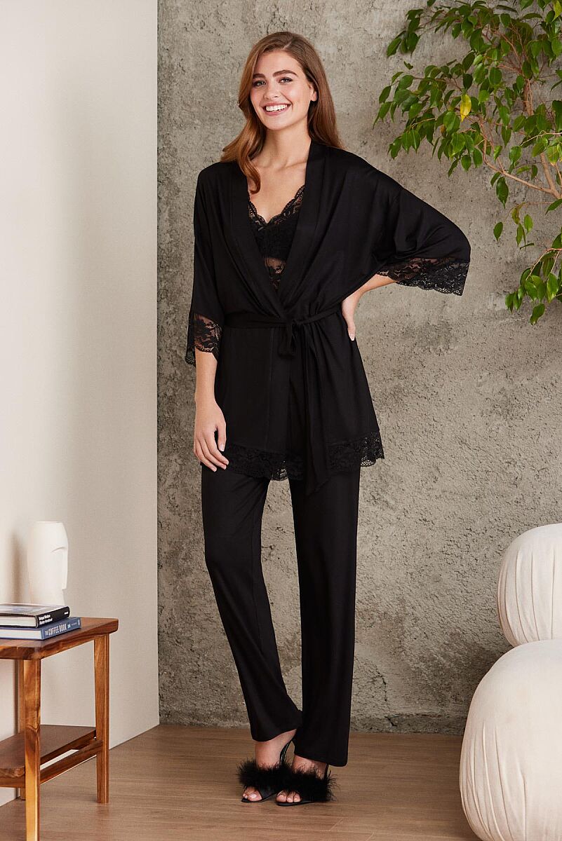 Dantelli Penye 3'lü Lohusa Pijama Takımı - 2810 Siyah - Pierre Cardin (1)