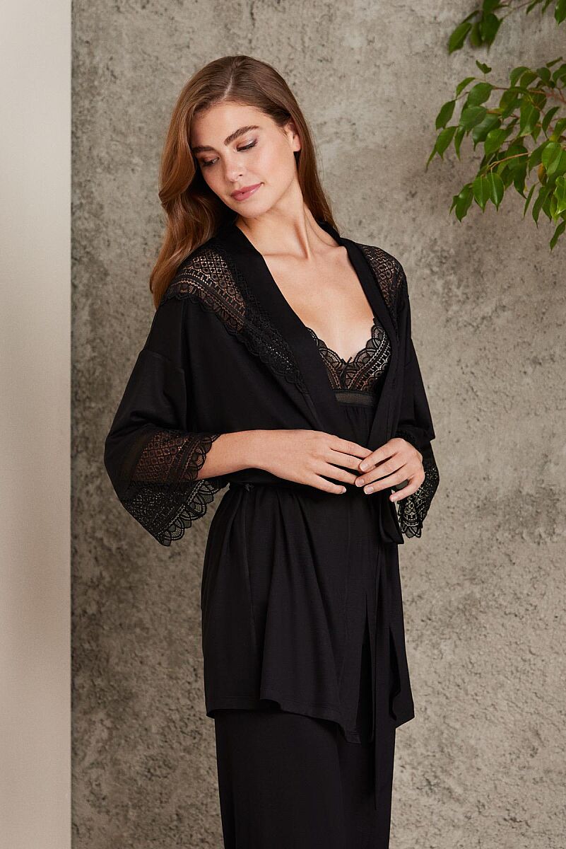 Dantelli Penye 3'lü Lohusa Pijama Takımı - 2820 Siyah - Pierre Cardin