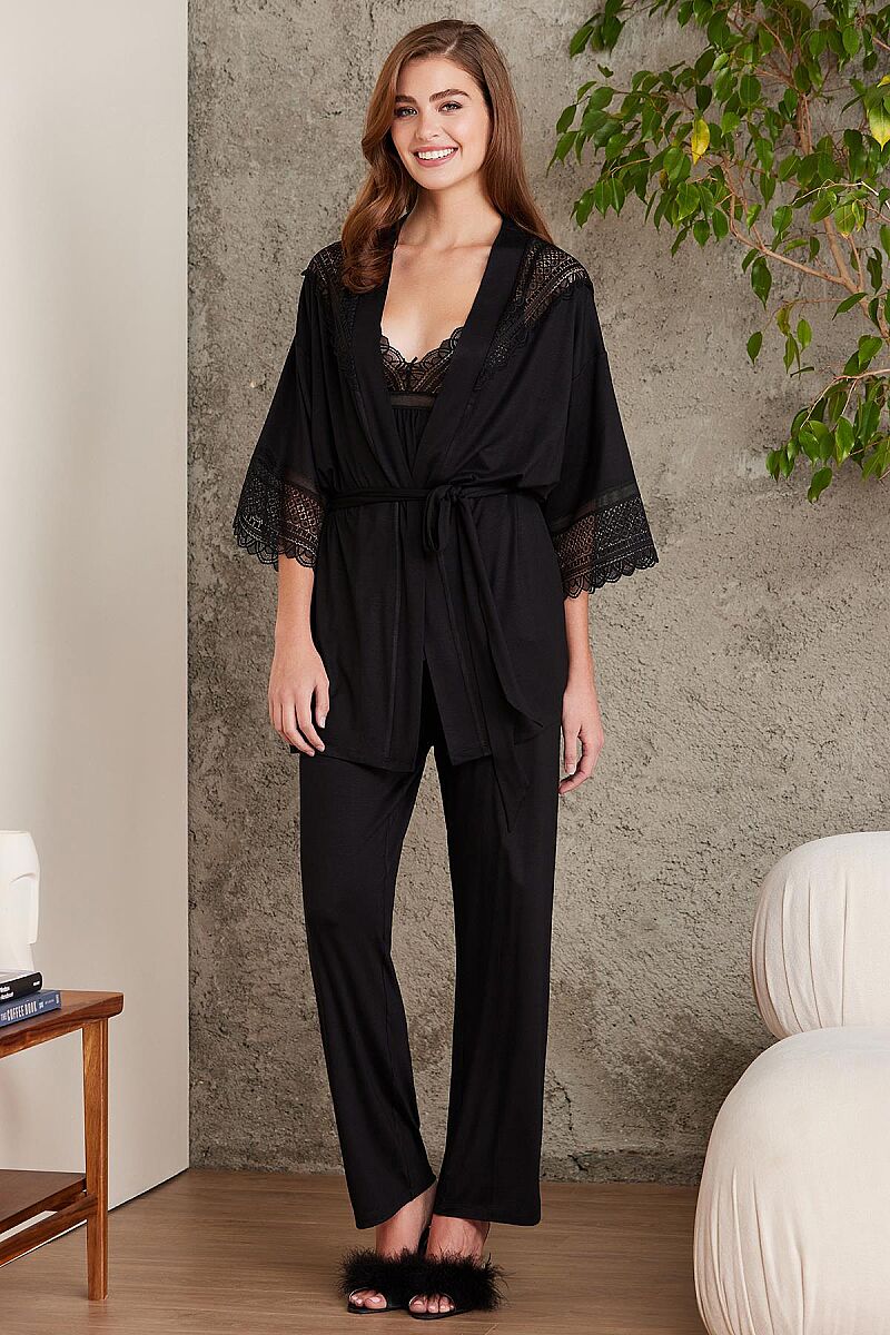 Dantelli Penye 3'lü Lohusa Pijama Takımı - 2820 Siyah - Pierre Cardin (1)