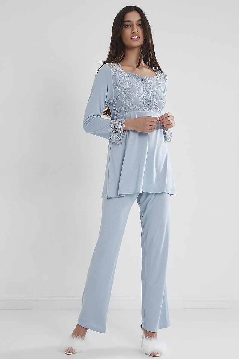 Penye Dantelli Lohusa Pijama Takımı - 1241 Mist - Pierre Cardin
