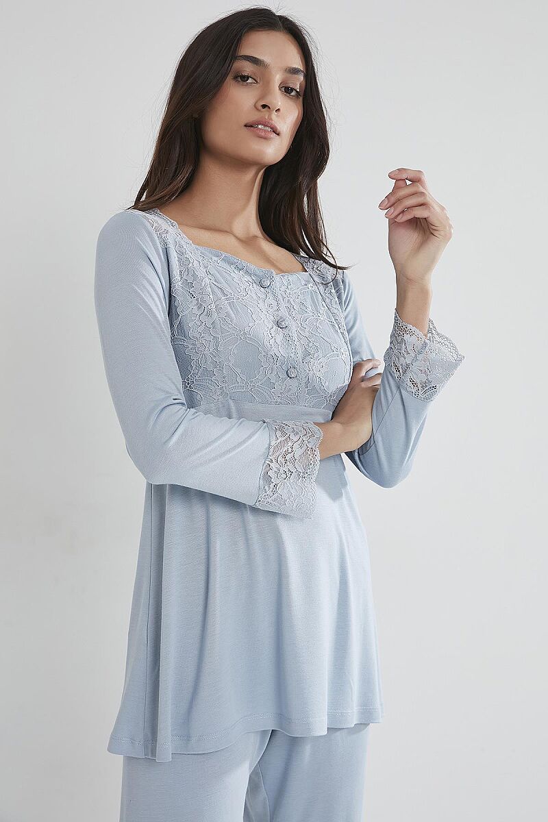 Penye Dantelli Lohusa Pijama Takımı - 1241 Mist - Pierre Cardin (1)
