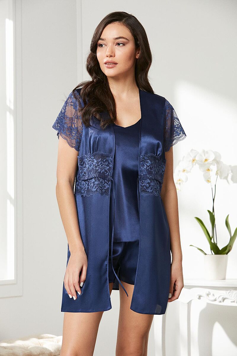 Saten Dantelli 3'lü Kadın Sabahlık Takım 2480 Lacivert - Pierre Cardin (1)