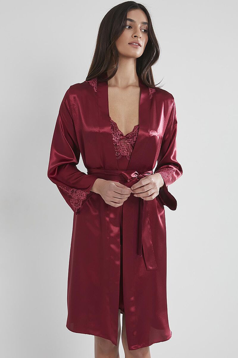 Saten Dantelli Kadın Gecelik ve Sabahlık Takımı - 4050 Bordo - Pierre Cardin