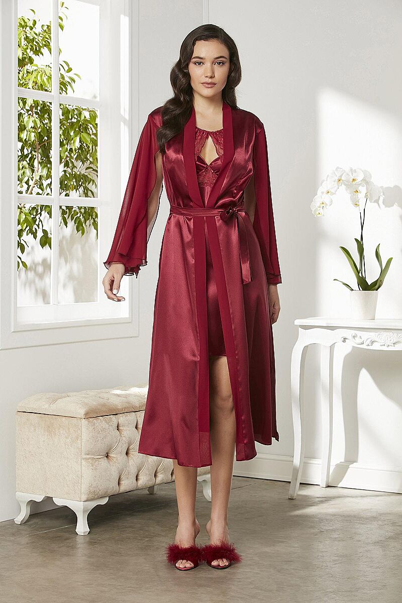 Saten Dantelli Kadın Gecelik ve Sabahlık Takımı - 4375 Bordo - Pierre Cardin (1)