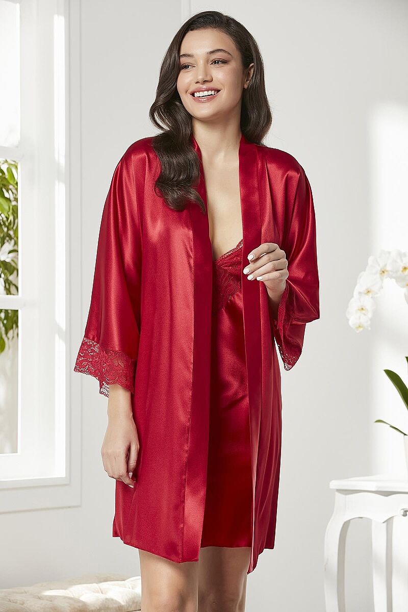 Saten Dantelli Kadın Gecelik ve Sabahlık Takımı - 4280 Kırmızı - Pierre Cardin (1)