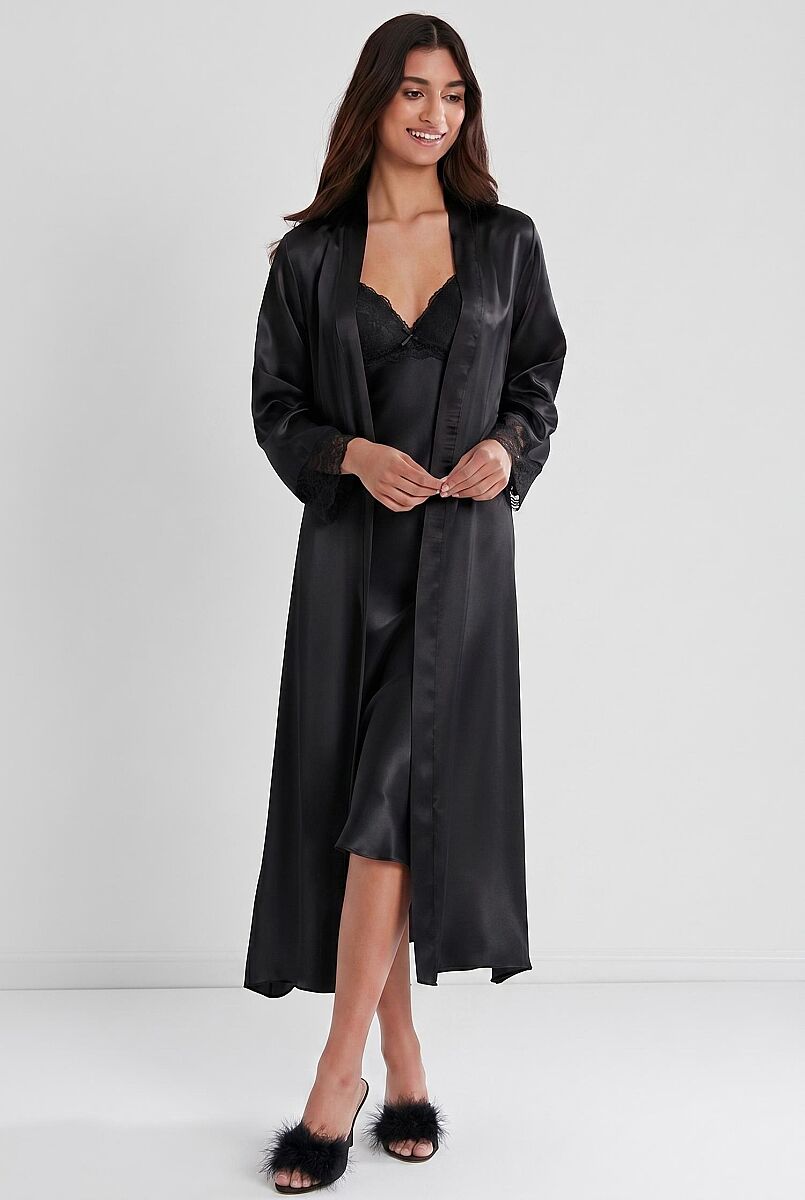 Saten Dantelli Kadın Gecelik ve Sabahlık Takımı - 4370 Siyah - Pierre Cardin (1)