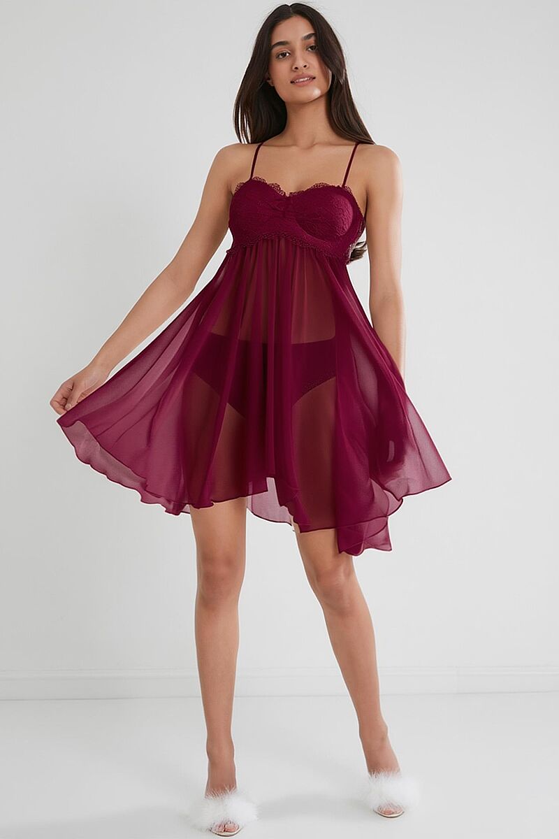 Şifon Dantelli Kadın Gecelik - 880 Bordo - Pierre Cardin