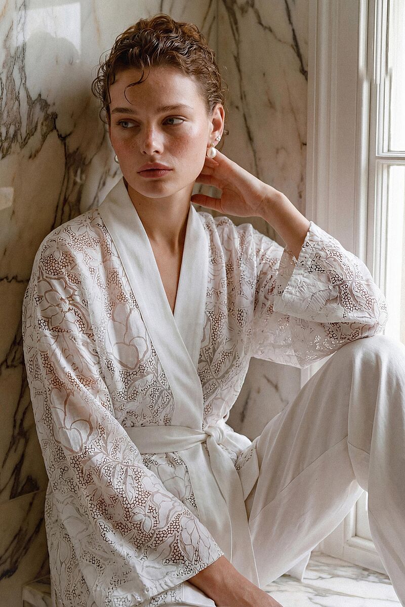 FIORE - Vegan İpek Kimonolu Kadın Pijama Takımı - Ivory - Pierre Cardin