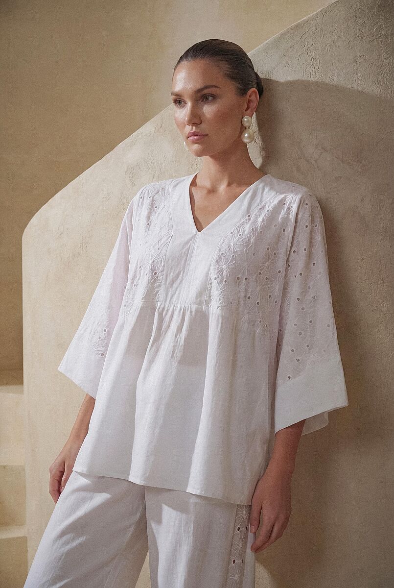 ALBA - Viscose Vual Brode Detaylı Oversize Kadın Pijama Takım - Ivory - Pierre Cardin (1)