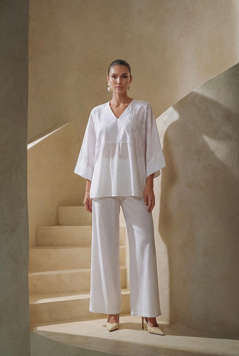 ALBA - Viscose Vual Brode Detaylı Oversize Kadın Pijama Takım - Ivory - Pierre Cardin (1)