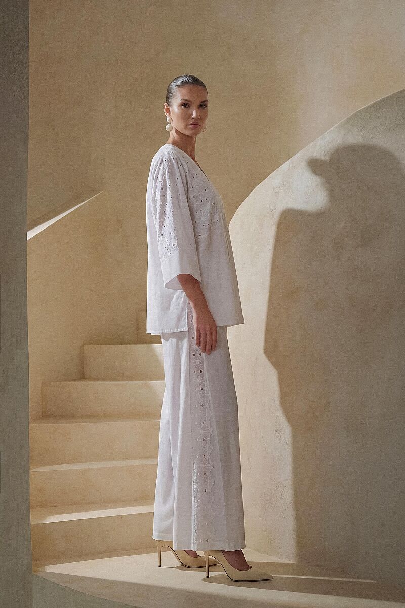 ALBA - Viscose Vual Brode Detaylı Oversize Kadın Pijama Takım - Ivory - Pierre Cardin (1)