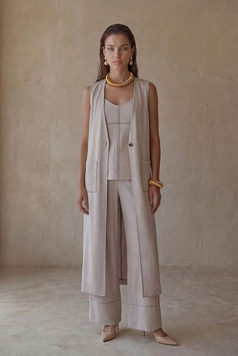 FLAVIA - Yelekli Keten Dokulu Kadın Pijama Takımı - Neutral - Pierre Cardin