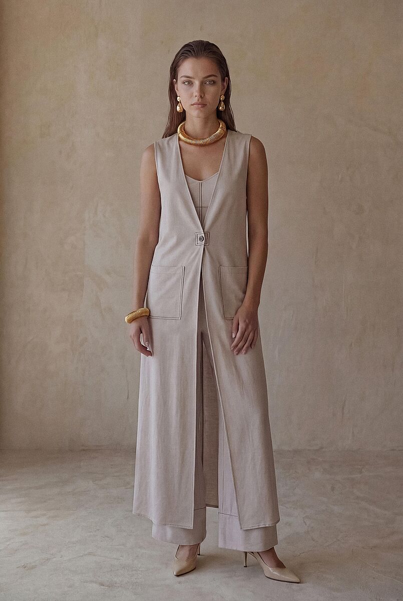 FLAVIA - Yelekli Keten Dokulu Kadın Pijama Takımı - Neutral - Pierre Cardin (1)